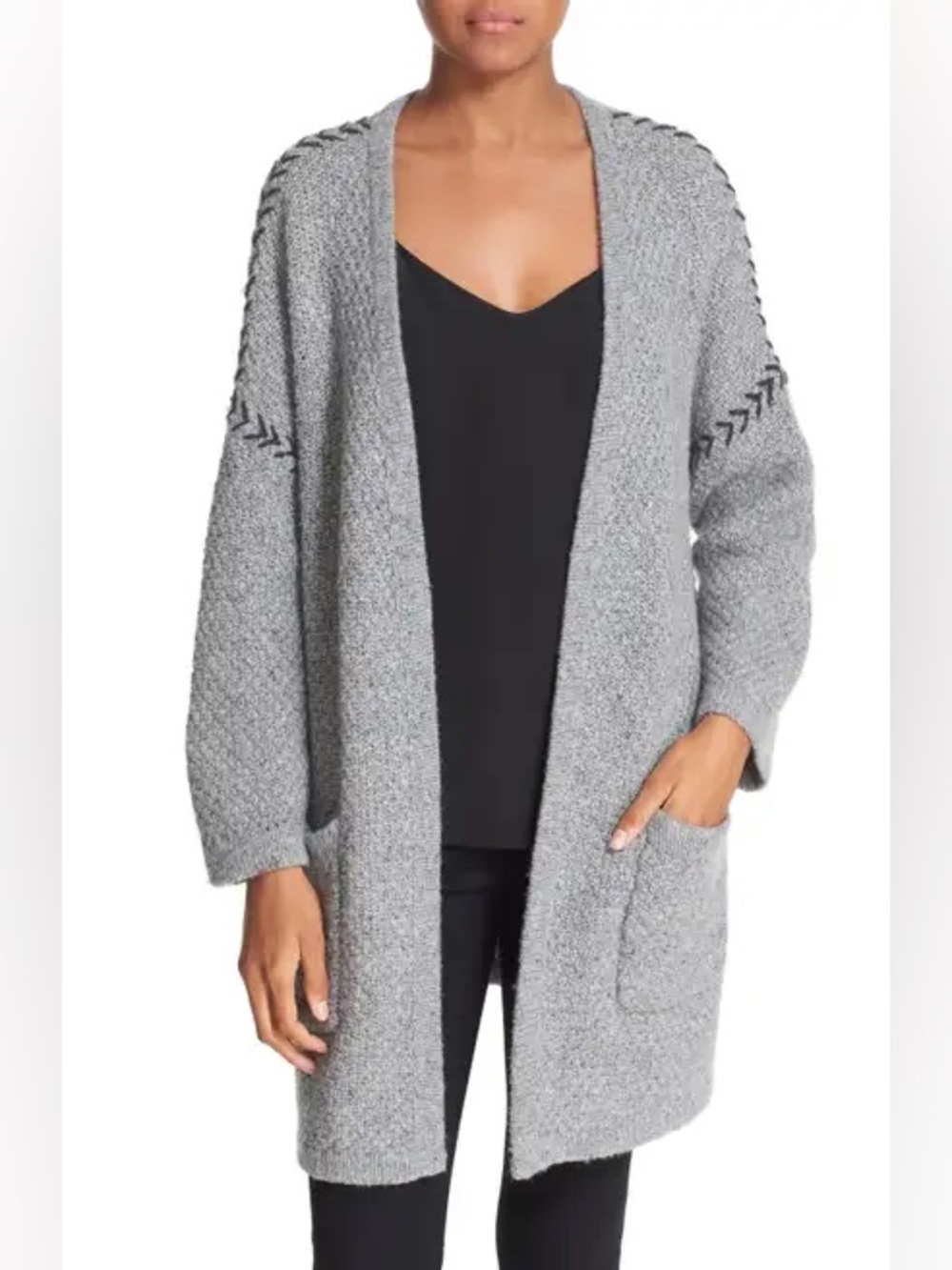 Autumn Cashmere Open Heather Gray Cardigan with Black Stitching